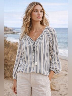 PAIGE Navy Cream Stripe Peasant Blouse Boho Coastal Top M Minimalist Parisian